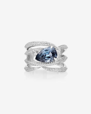 Thorn Embrace Entangled Band Ring in 18ct white gold with central grey spinel and white diamond pavé, luxury fine jewellery