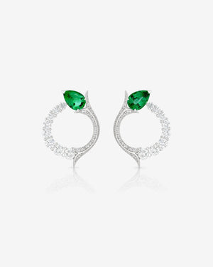Thorn Embrace Inner Circle Emerald Earrings in 18ct white gold with pear-shaped emeralds and white diamond pavé, luxury fine jewellery