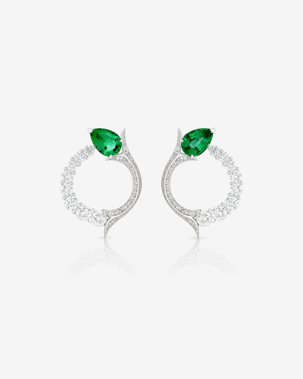 Thorn Embrace Inner Circle Emerald Earrings in 18ct white gold with pear-shaped emeralds and white diamond pavé, luxury fine jewellery