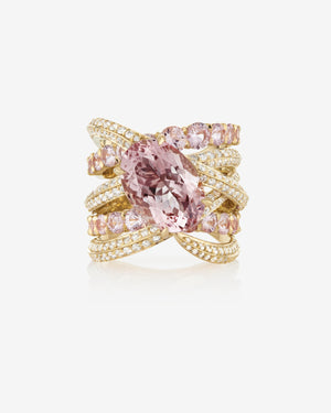 Thorn Embrace Morganite Bound Together Cocktail Ring in 18ct yellow gold with central oval morganite, pink sapphires and white diamond pavé luxury jewellery