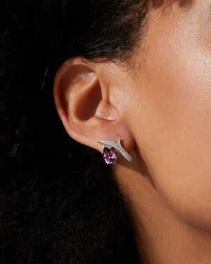 Thorn Embrace Pear Spinel Stud Earrings worn on ear, luxury fine jewellery styling