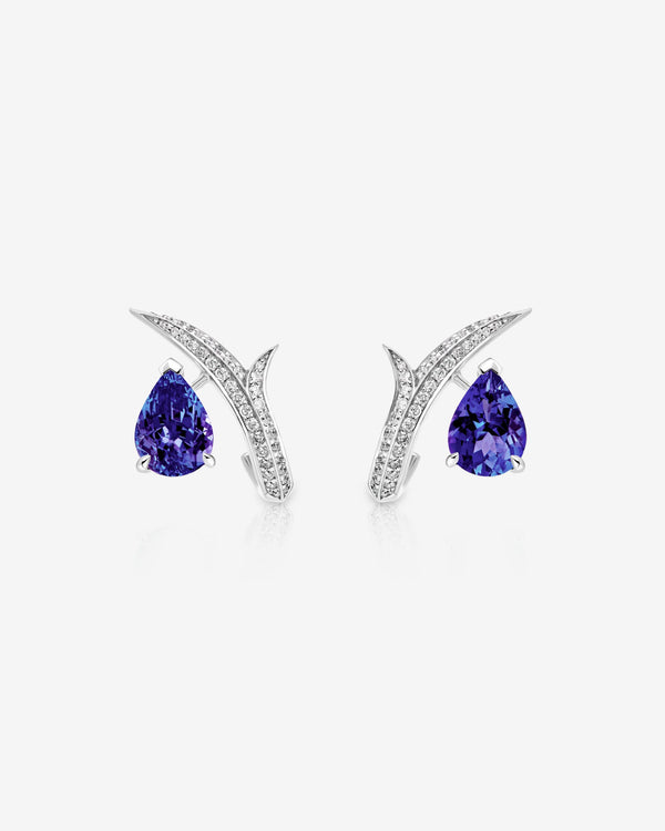 Thorn Embrace Pear Tanzanite Stud Earrings in 18 ct white gold with tanzanite gemstones and white diamond accents, luxury fine jewellery