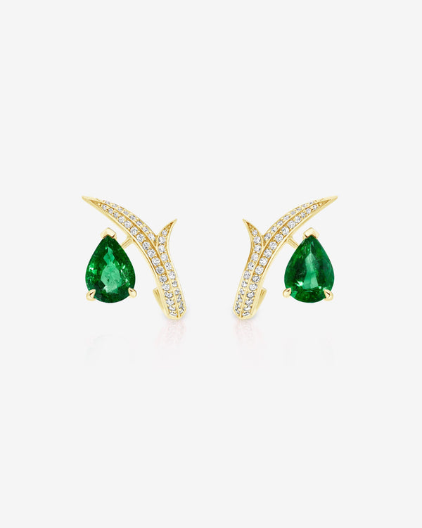 Thorn Embrace Pear Emerald Stud Earrings in 18 ct yellow gold with emerald gemstones and white diamond accents, luxury fine jewellery