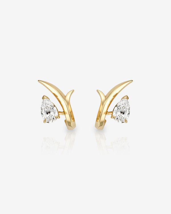 Thorn Embrace Pear Emerald Stud Earrings in 18 ct yellow gold with white diamond gemstones, luxury fine jewellery