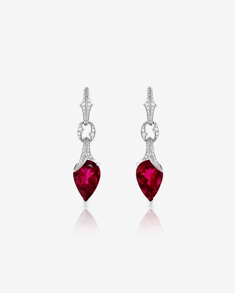 Thorn Embrace Rubellite Pear Drop Earrings in 18 ct white gold with deep pink rubellite and white diamond pavé, luxury fine jewellery