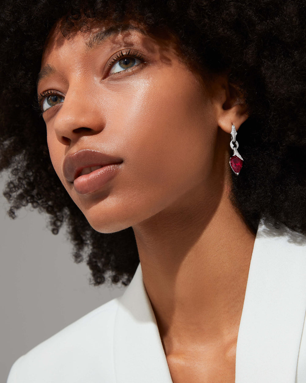 Thorn Embrace Rubellite Pear Drop Earrings in 18 ct white gold with deep pink rubellite and white diamond pavé, luxury fine jewellery