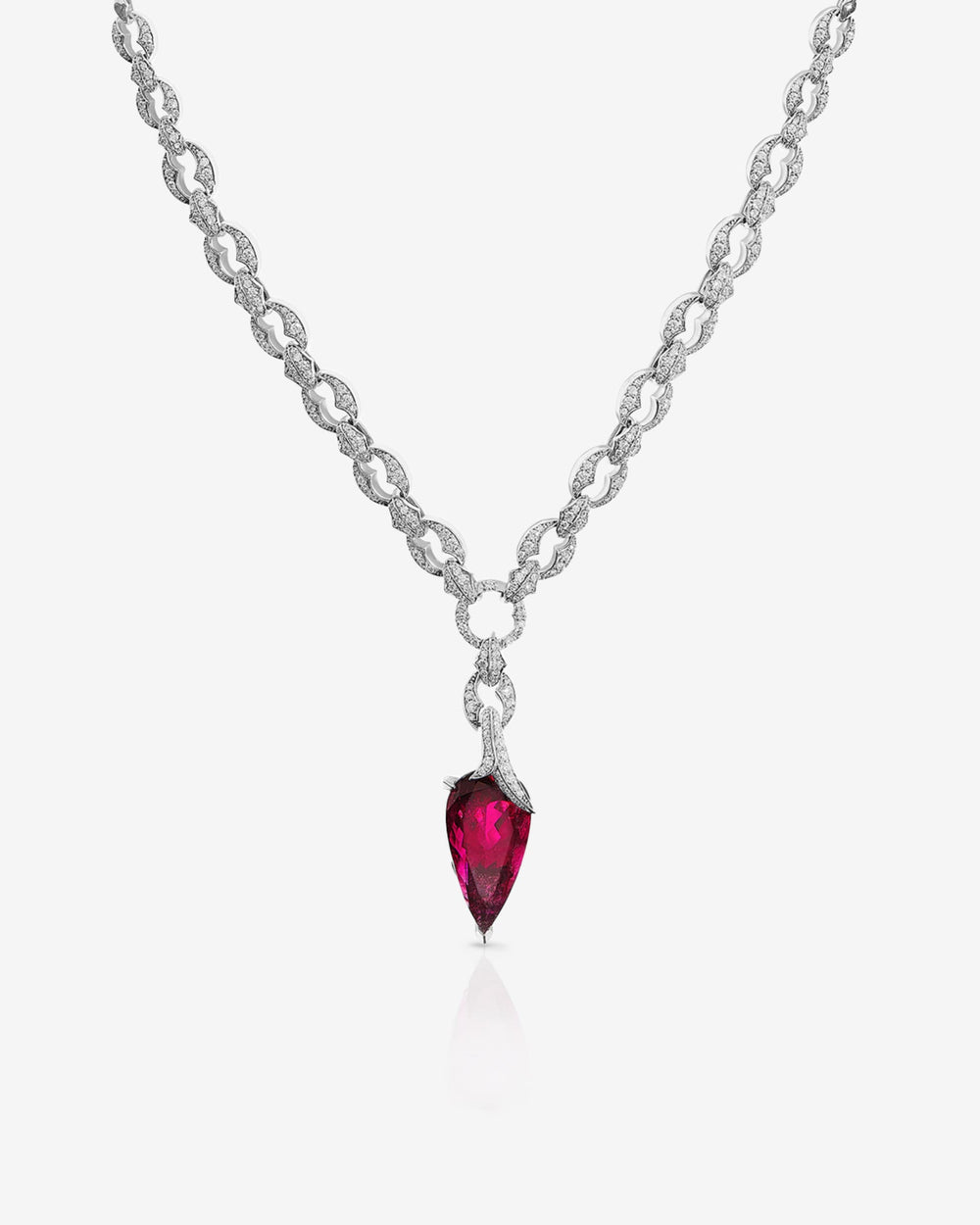 Thorn Embrace Rubellite Pear Drop Necklace in 18 ct white gold with pear-shaped rubellite and white diamond pavé, luxury fine jewellery