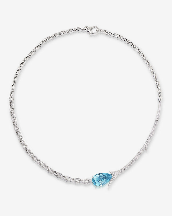 Thorn Embrace Tear Drop Aquamarine Necklace in 18 ct white gold with a large pear-shaped aquamarine and white diamond pavé, luxury fine jewellery