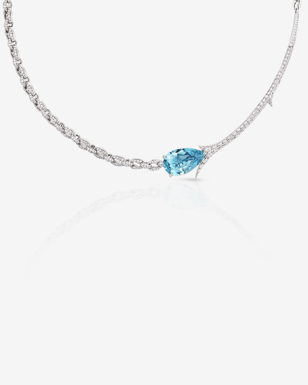 Side view of the Thorn Embrace Tear Drop Aquamarine Necklace in 18 ct white gold showing aquamarine and diamond detail