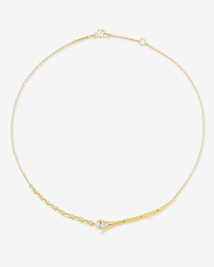 Aerial view of the Thorn Embrace Tear Drop Necklace in 18 ct yellow gold showcasing diamond pendant and chain detail