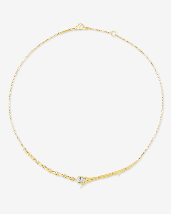 Aerial view of the Thorn Embrace Tear Drop Necklace in 18 ct yellow gold showcasing diamond pendant and chain detail