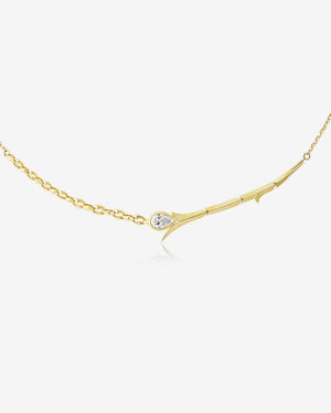 Thorn Embrace Tear Drop Necklace in 18 ct yellow gold with a pear-shaped white diamond pendant, luxury fine jewellery