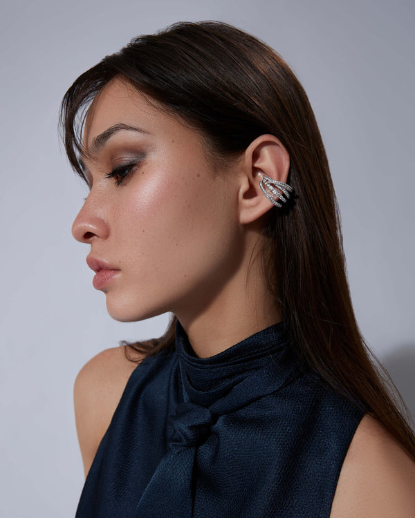 Thorn Embrace Bound Together Gem Cuff Earrings in 18ct white gold worn on ear, luxury fine jewellery styling