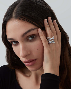 Thorn Embrace white gold Bound Together Gem Band Ring with sapphires worn on hand, luxury fine jewellery styling