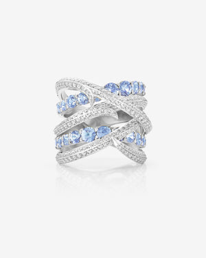 Thorn Embrace white gold Bound Together Gem Band Ring with light blue sapphires and white diamond pavé, luxury fine jewellery