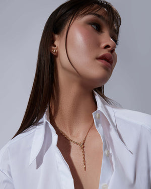 Thorn Embrace Yellow Gold & Diamond Entwined Lariat Necklace worn on neck, luxury jewellery styling