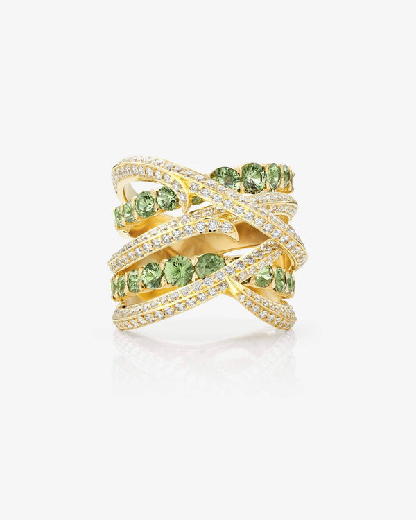 Thorn Embrace Bound Together Gem Band Ring in 18ct yellow gold with mint green demantoid garnets and white diamond pavé, luxury fine jewellery