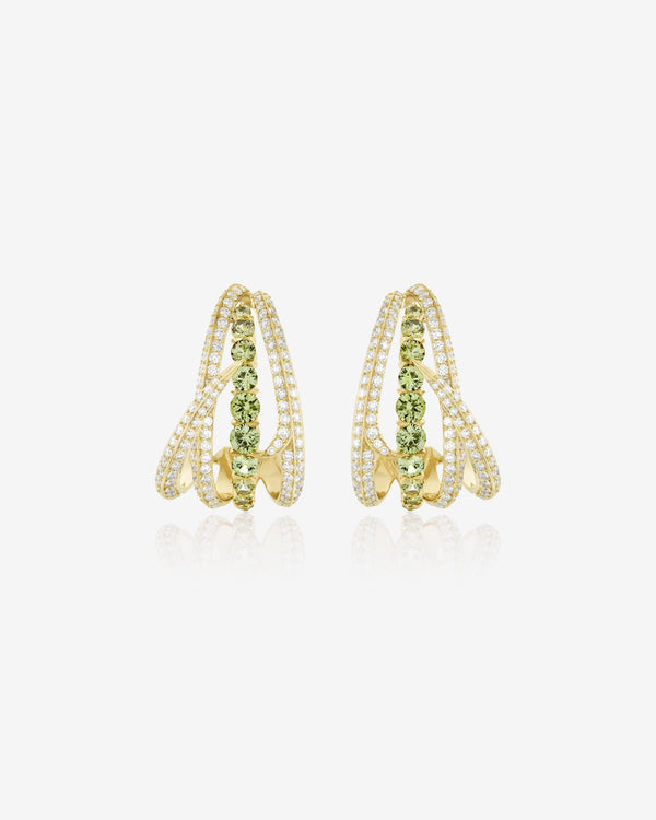 Thorn Embrace Bound Together Gem Cuff Earrings in 18ct yellow gold with mint demantoid garnets and white diamond pavé, luxury fine jewellery