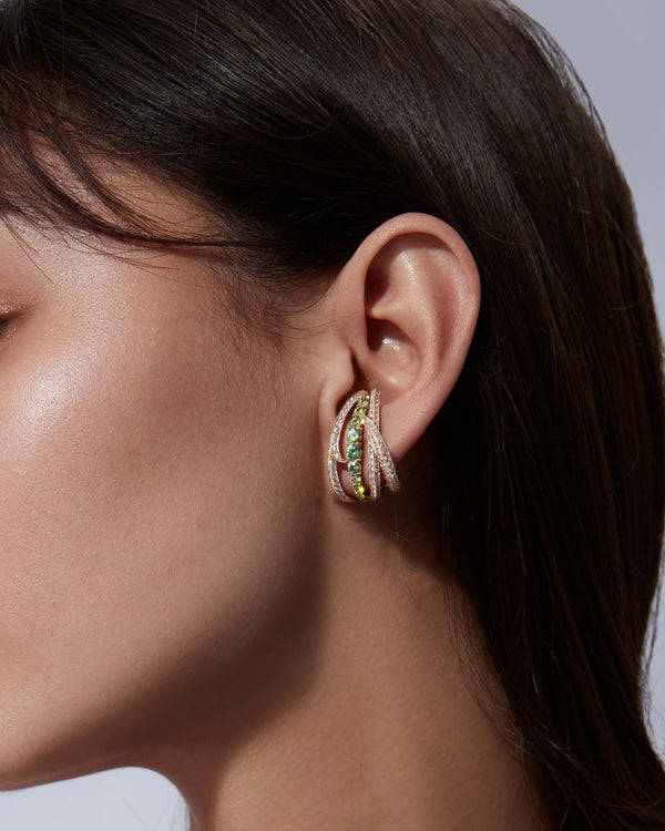 Thorn Embrace Bound Together Gem Cuff Earrings in 18ct yellow gold worn on ear, luxury fine jewellery style