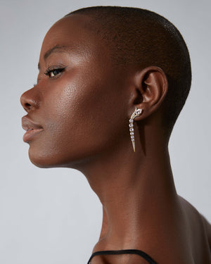 Thorn Embrace Yellow Gold & Morganite Unfurled Earrings worn on ear, luxury jewellery styling