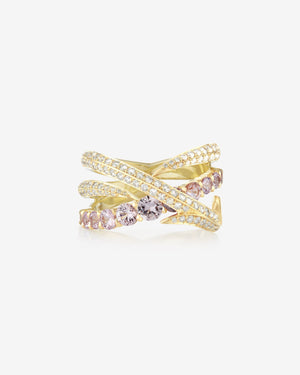 Thorn Embrace Bound Together Narrow Gem Band Ring in 18ct yellow gold with light pink sapphires and white diamond pavé, luxury fine jewellery