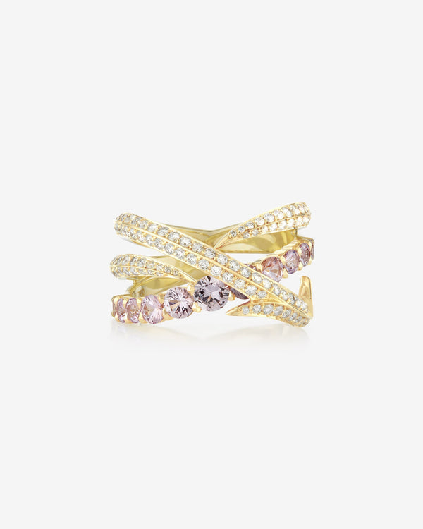 Thorn Embrace Bound Together Narrow Gem Band Ring in 18ct yellow gold with light pink sapphires and white diamond pavé, luxury fine jewellery