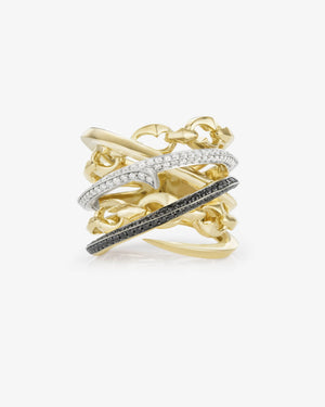 Thorn Embrace Bound Together Large Band Ring in 18ct yellow and white gold with white and black diamond pavé, luxury fine jewellery with mixed metal design