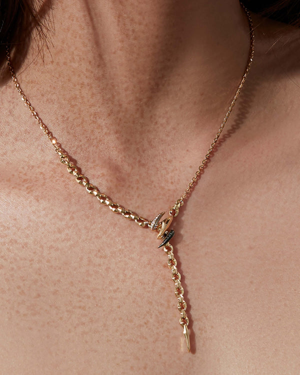 Thorn Embrace Entwined Lariat Necklace in 18 ct mixed gold worn on neck, luxury jewellery styling