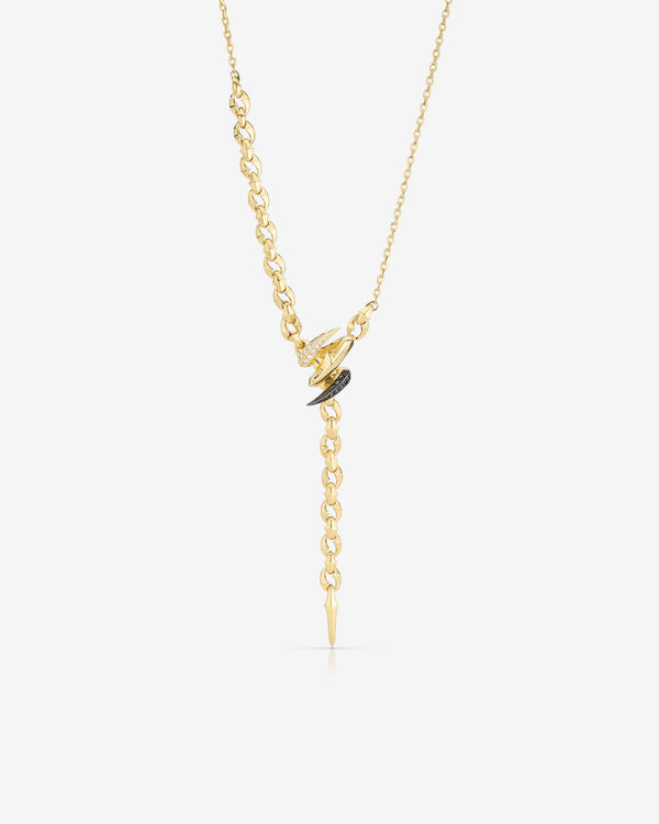 Thorn Embrace Entwined Lariat Necklace in 18 ct yellow and white gold with white and black diamond pavé, luxury fine jewellery