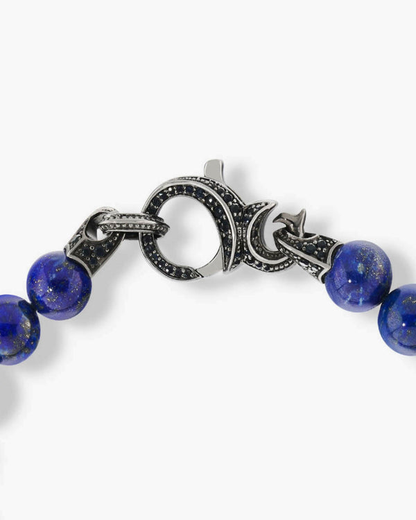 Clasp and connection detail of Stephen Webster Thorn Lapis Beaded Bracelet with black sapphire and sterling silver beads