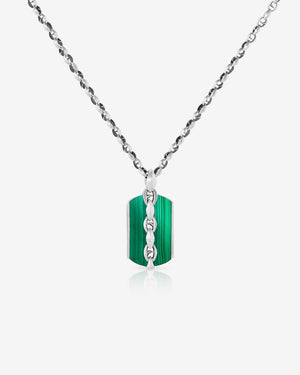 Hanging profile of Stephen Webster Thorn Large Razer Tag Malachite necklace in sterling silver with green malachite inset