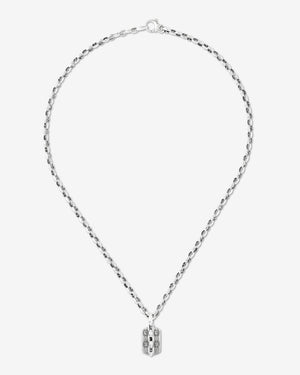 Reverse view of Stephen Webster Thorn Medium Razer Tag Black Sapphire necklace showing polished sterling silver and engraved design