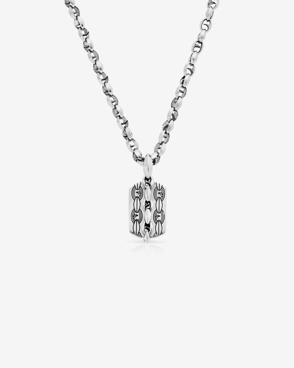 Reverse view of Stephen Webster Thorn Medium Razer Tag Lapis necklace showing the engraved Thorn design and polished sterling silver finish