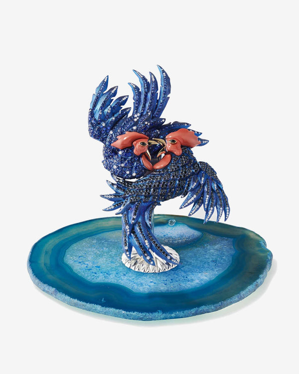 Flat-lay view of Cock Fight Brooch on neutral background — top-down view of full piece