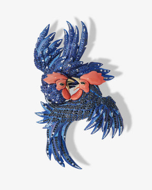Titanium Cock Fight Brooch — blue titanium brooch set with black and white diamonds, blue sapphires, onyx eyes and 18 ct yellow-gold beak, front view