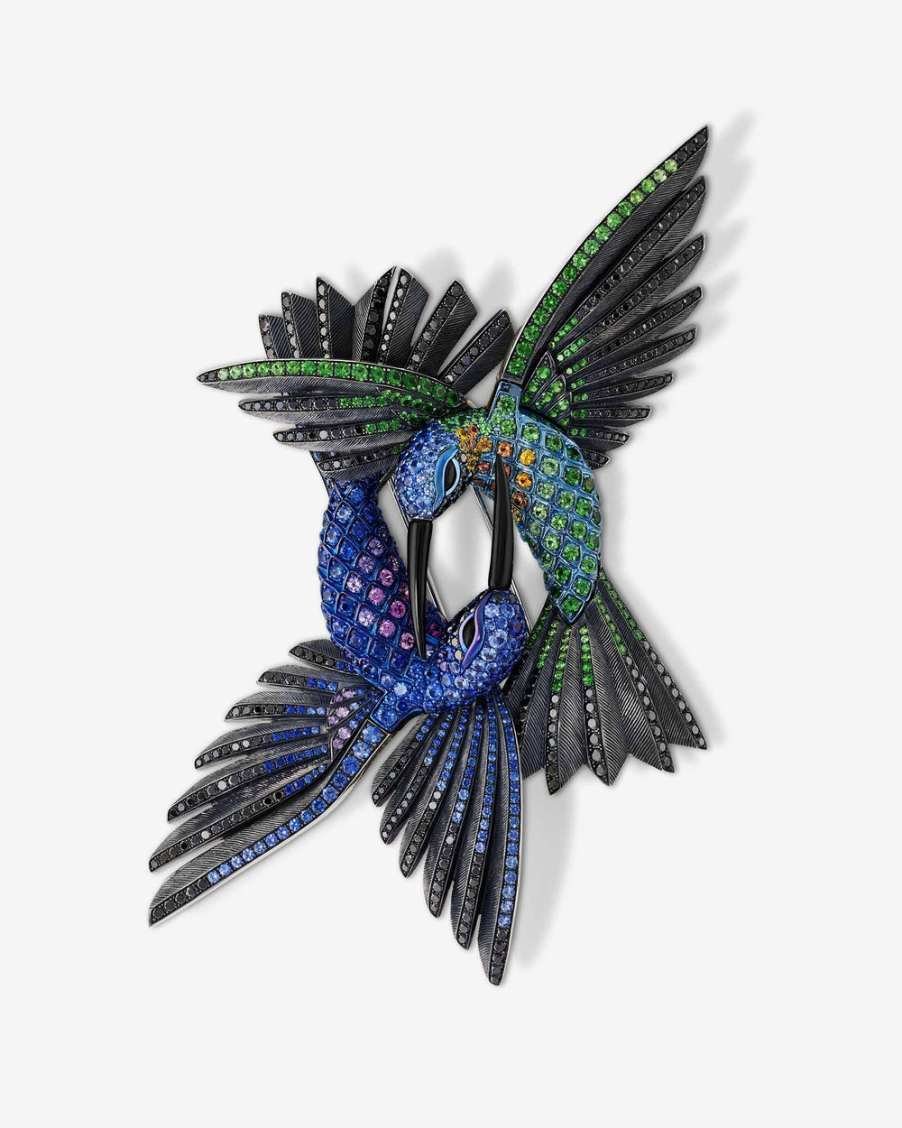Titanium Flight Encounter Brooch — blue titanium brooch set with sapphires and diamonds, front view