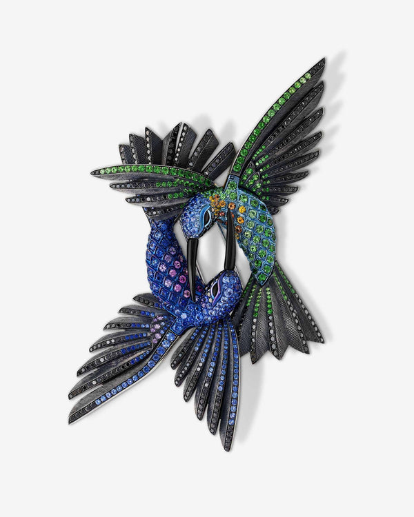 Titanium Flight Encounter Brooch — blue titanium brooch set with sapphires and diamonds, front view