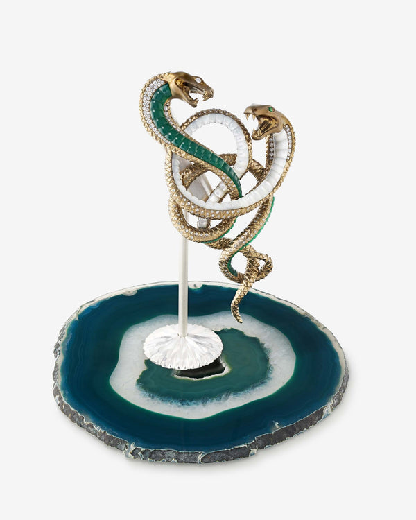 Flat-lay view of Master & Serpent Brooch on neutral background — top-down view