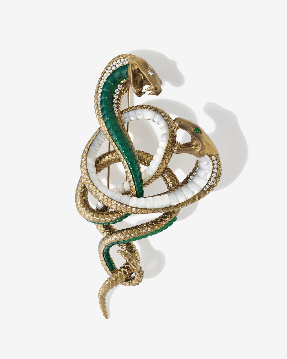 Titanium Master & Serpent Brooch — sculptural titanium brooch with diamonds and emeralds, front view