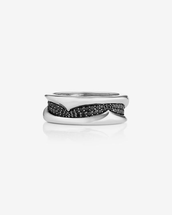 Unisex thorn sculpted platinum wedding band with sculptural twist design and black diamond pavé