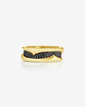 Unisex thorn sculpted 18k yellow gold wedding band with sculptural twist design and black diamond pavé