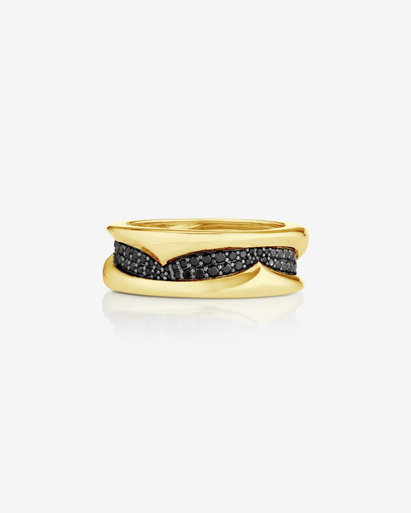 Unisex thorn sculpted 18k yellow gold wedding band with sculptural twist design and black diamond pavé