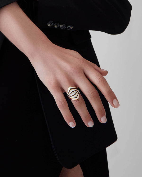 Stephen Webster Vertigo Gaining Perspective 18K Yellow Gold Diamond Ring Worn on Model