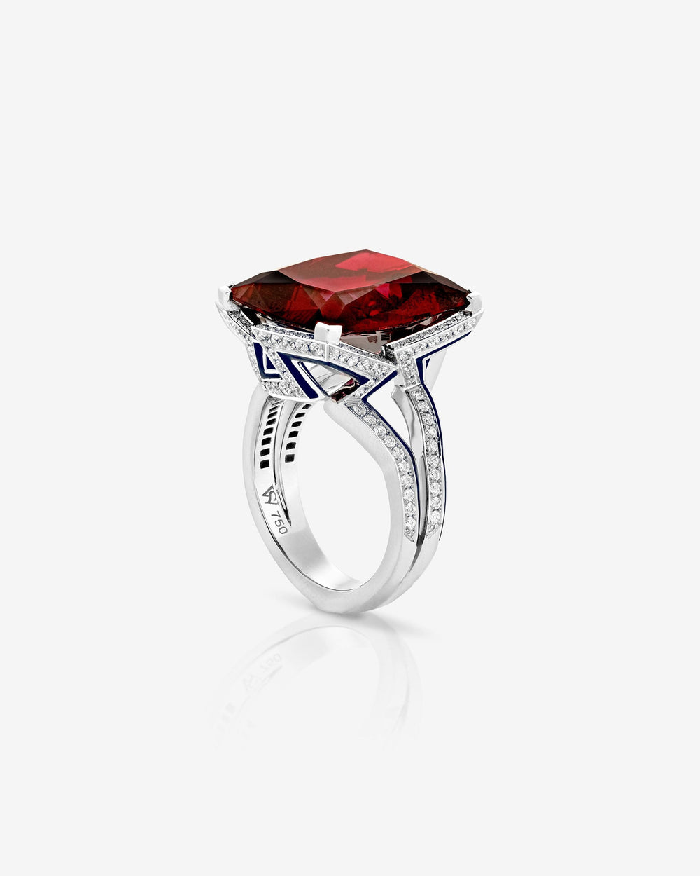 Vertigo Impossible red garnet cocktail ring in 18 ct white gold with dark blue enamel and diamonds — front view