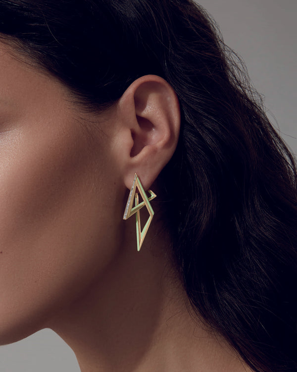 Stephen Webster Vertigo Infinity 18K Yellow Gold Lime Enamel Diamond Hoop Earrings Worn on Model