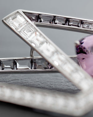 Close-up detail of mauve spinels, grey spinels and white diamonds on Vertigo Lost Horizon Mauve Hoops