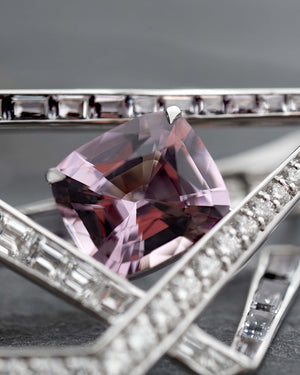 Close-up detail of mauve spinels, grey spinels and white diamonds on Vertigo Lost Horizon Mauve Hoops