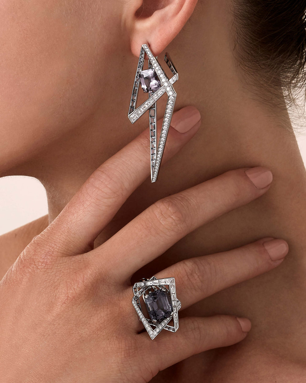 Vertigo Lost Horizon Mauve Hoops in 18 ct white gold with mauve spinels, grey spinels and white diamonds — front view