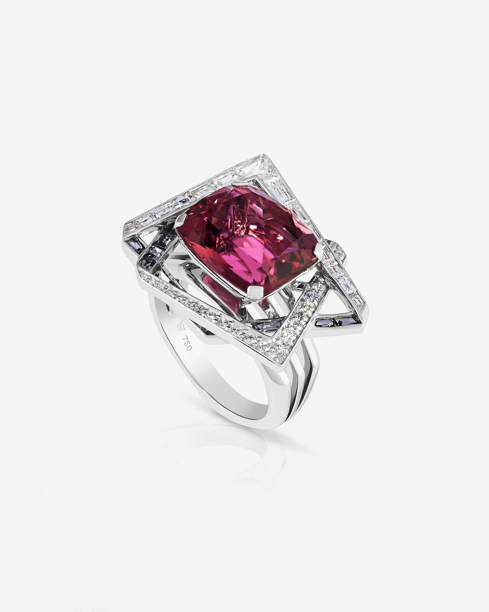 Vertigo Lost Horizon cocktail ring in 18 ct white gold with central rubellite, grey spinels and white diamonds — front view