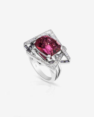 Vertigo Lost Horizon cocktail ring in 18 ct white gold with central rubellite, grey spinels and white diamonds — front view